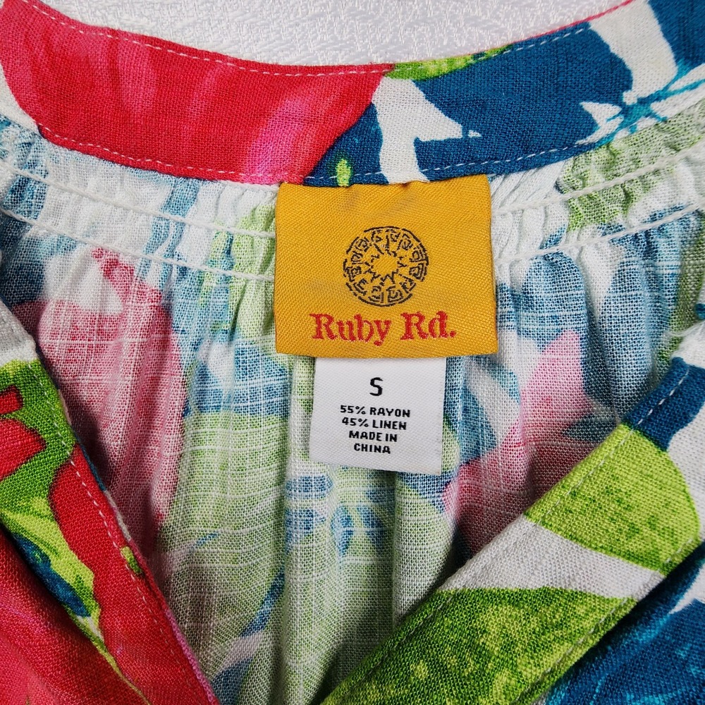 Ruby Rd Multicolor Floral Linen Blend Blouse S Tropical Coastal Resortwear - Picture 5 of 7